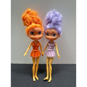 Two 8" La Dee Da Fashion Dolls With Orange & Purple Hair Glittery Eyes & Dresses